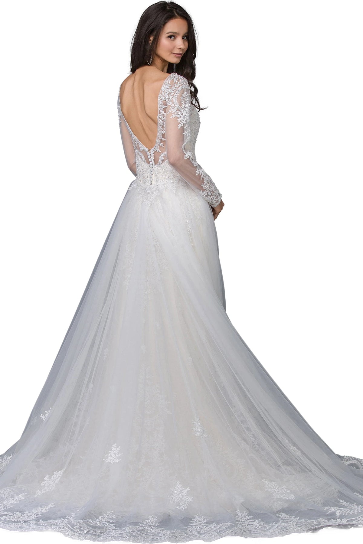 From the back, the Ivory/Champagne wedding dress reveals its floor-length skirt.