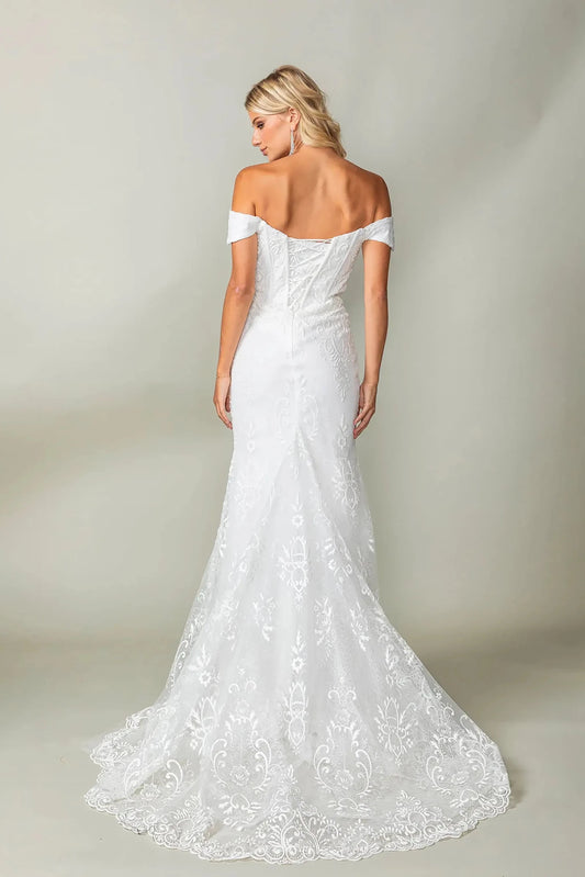 Back full Length view of Sophisticated Off White Lace Mermaid Wedding Gown with Train