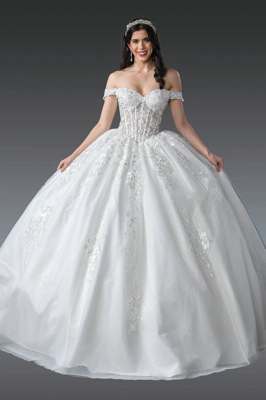 Woman in Off white off-shoulder corset wedding dress with floral embroidery.