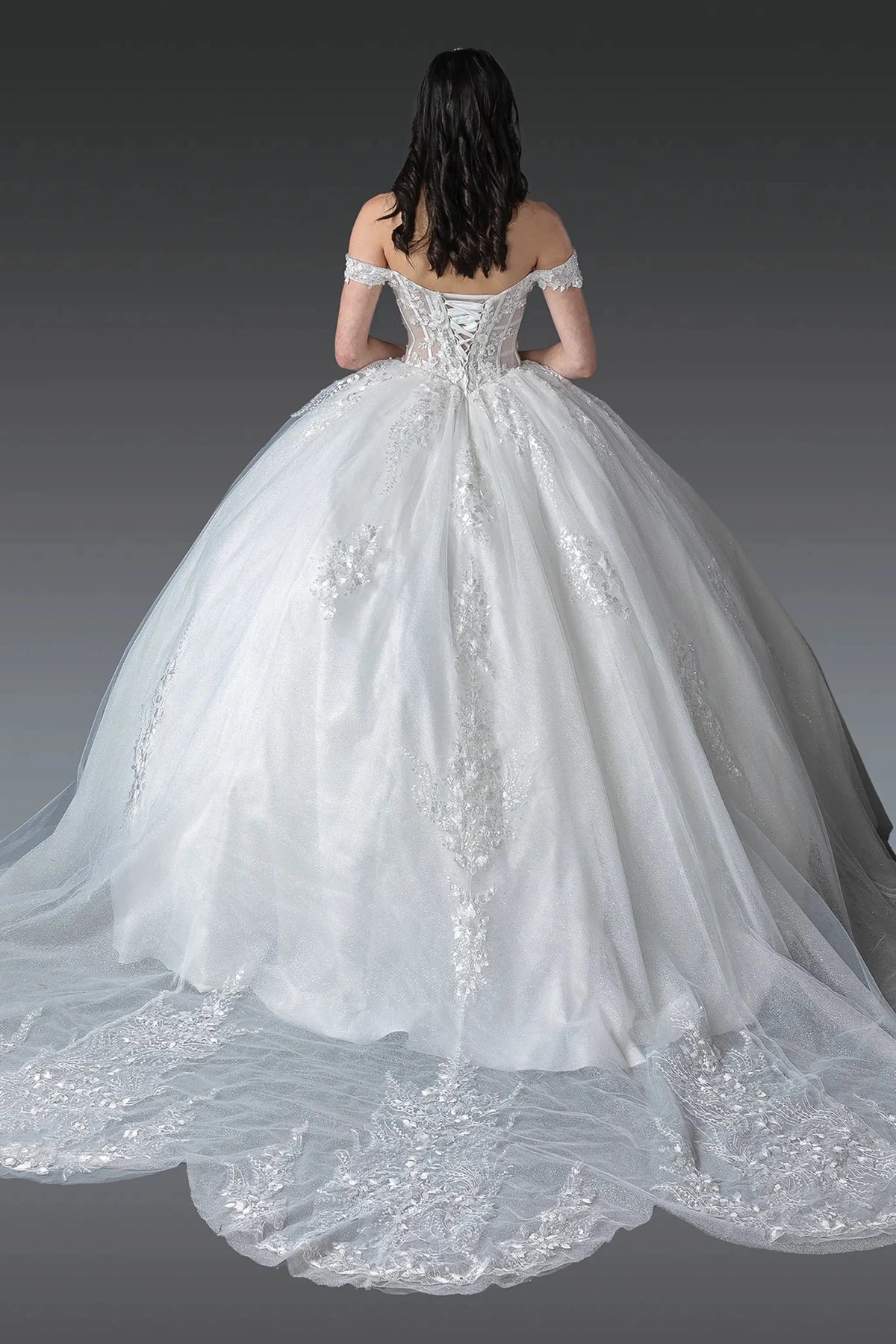 Back full Length view of Sparkling Off White Off-Shoulder Corset Wedding Dress with Sequins