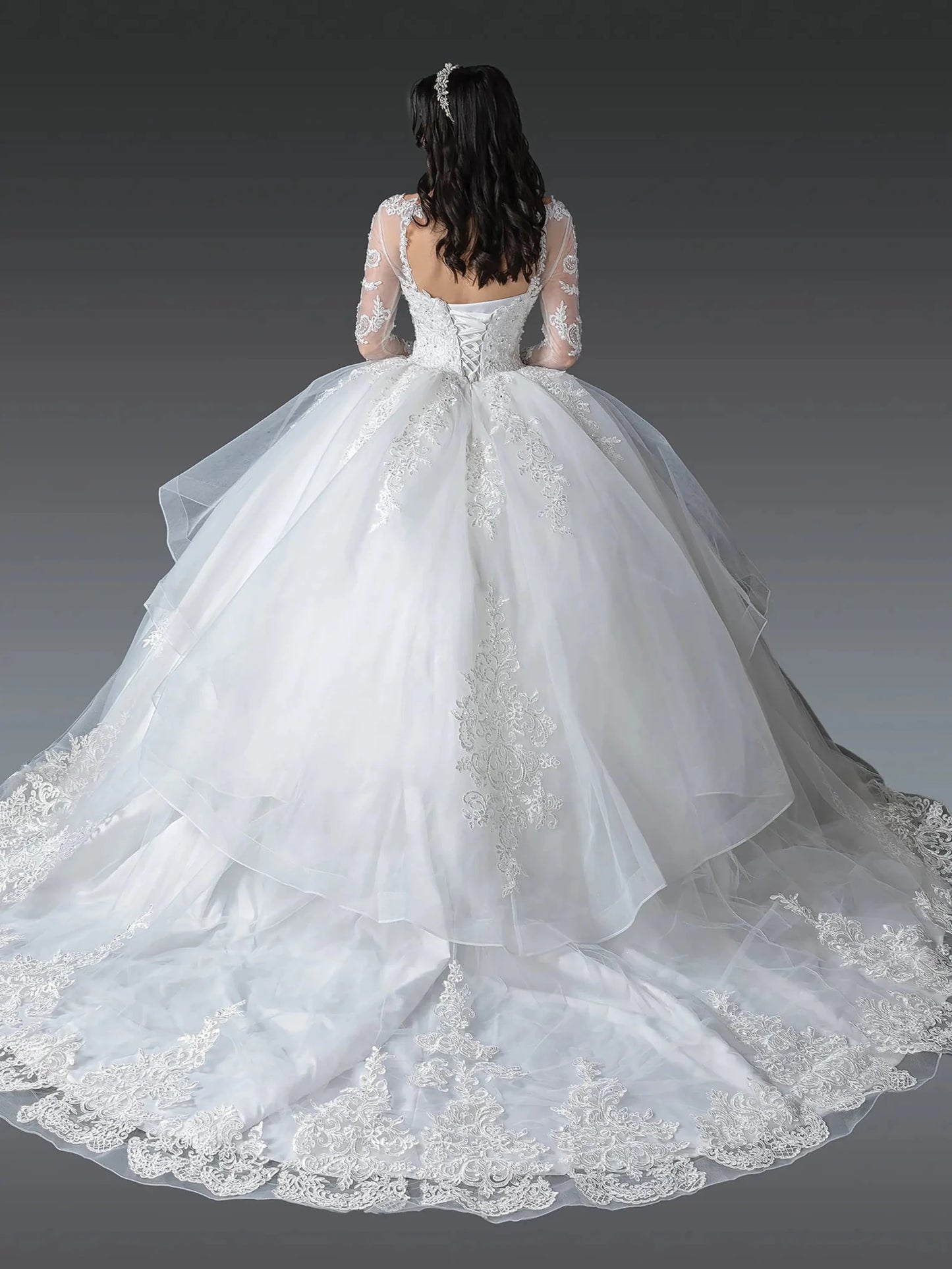 Back full Length view of Graceful Off White Long Sleeve Lace Wedding Ball Gown