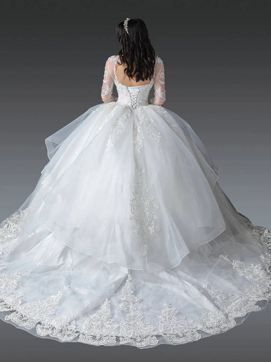 Back full Length view of Graceful Off White Long Sleeve Lace Wedding Ball Gown