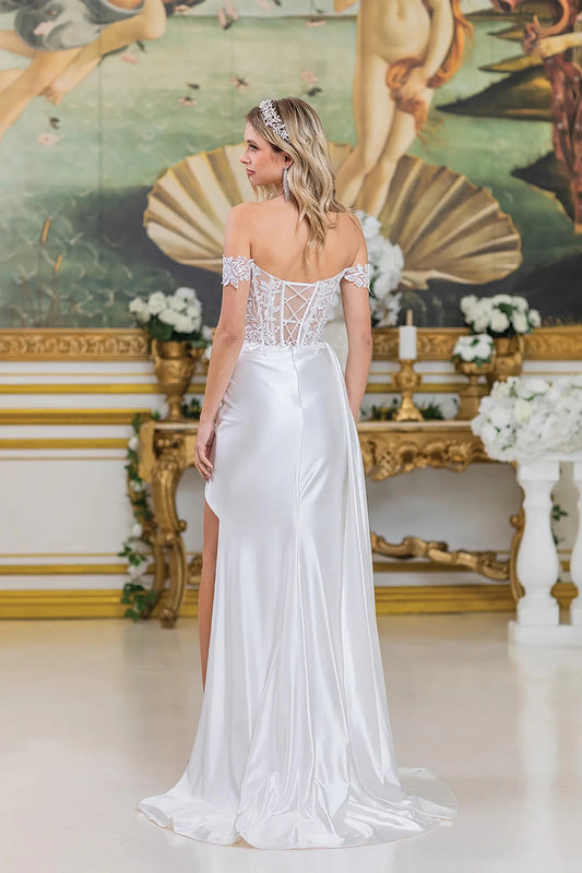 Back full Length view of Timeless Off White Off-Shoulder Satin Wedding Dress with Slit