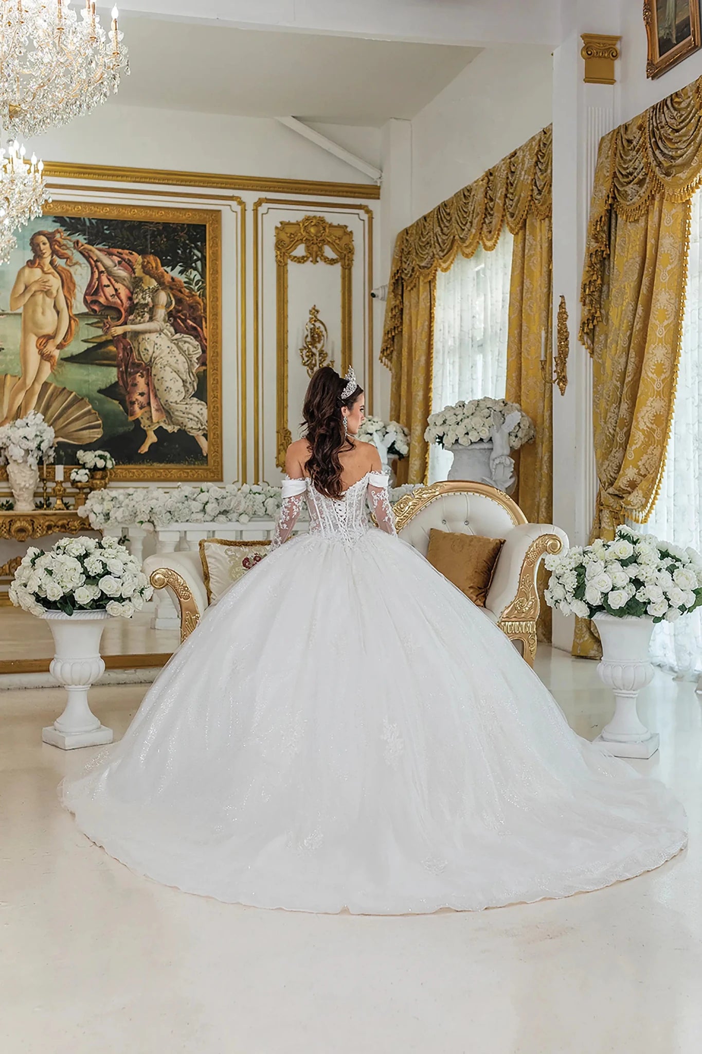 Back full Length view of Majestic Off White Off-Shoulder Corset Wedding Ball Gown