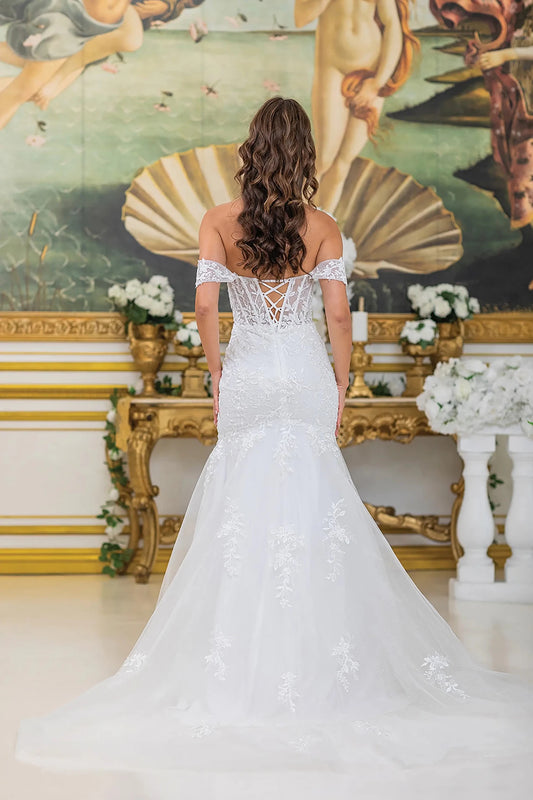 Back full Length view of Delicate Off White Off-Shoulder Sheer Bodice Wedding Dress