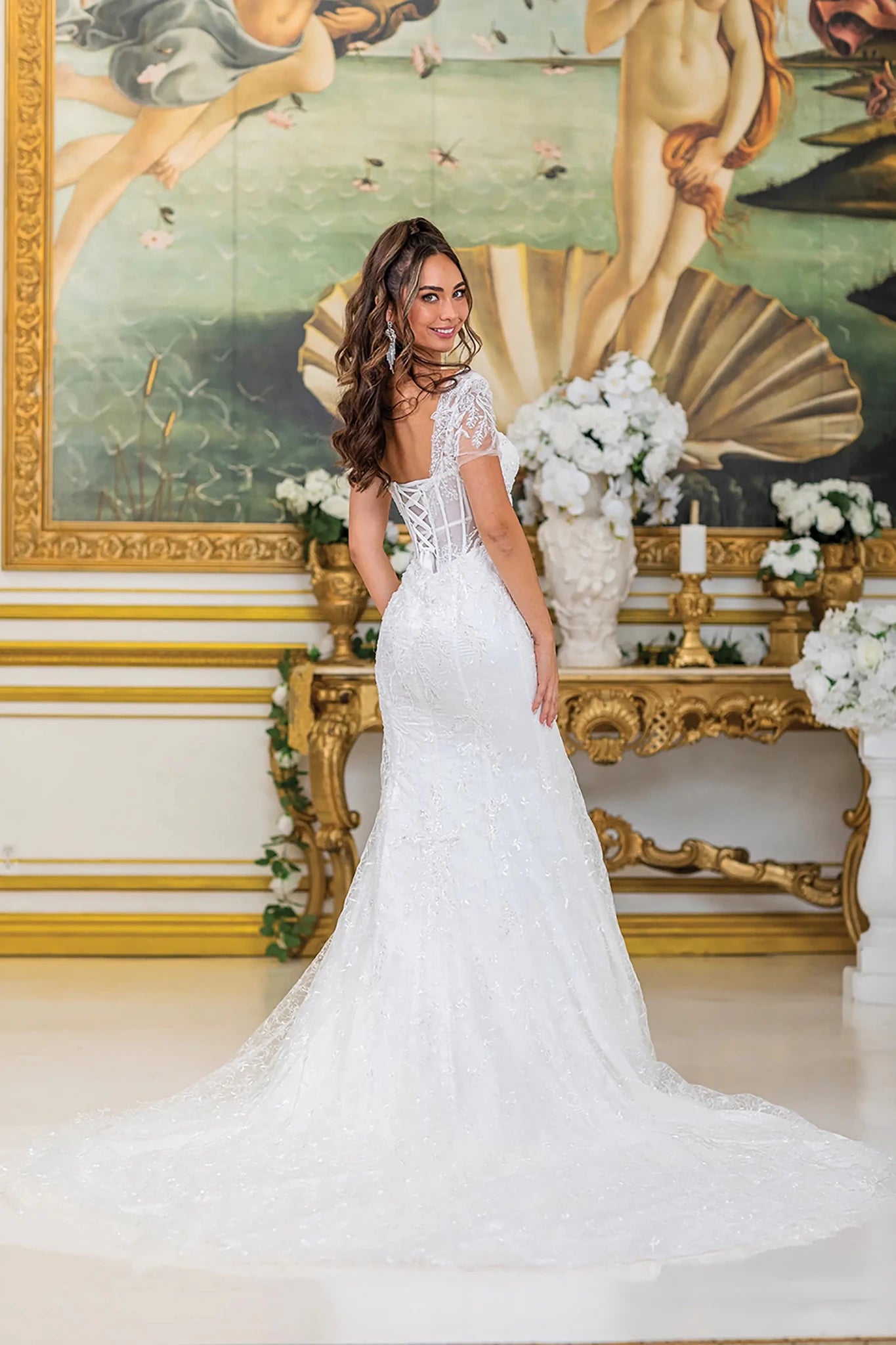 Back full Length view of Exquisite Off White Lace Mermaid Wedding Dress with Illusion Bodice