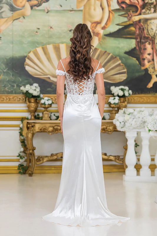 Back full Length view of Striking Off White Satin Wedding Dress with High Slit