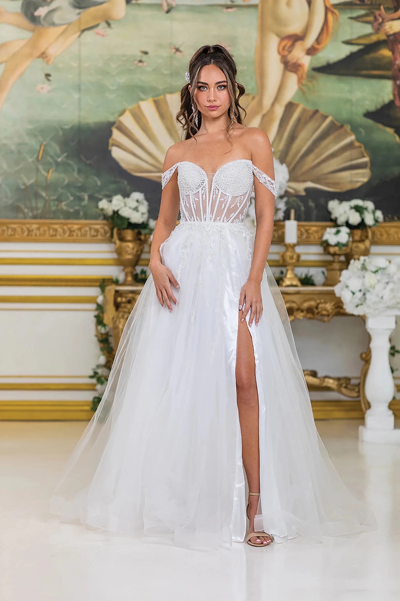 Elegant Off White Corset Wedding Dress Bodice with Thigh-High Slit XL / Lace-up / Off-White