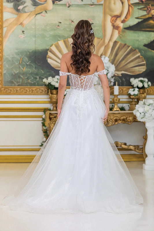Back full Length view of Alluring Off White Off-Shoulder Corset Wedding Dress with Slit