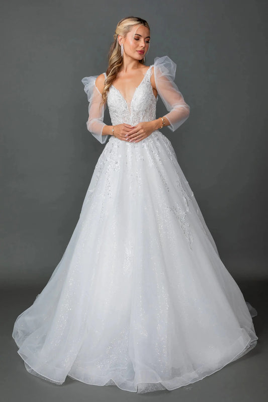Back full Length view of Regal Off White Puff-Sleeve Lace Wedding Ball Gown