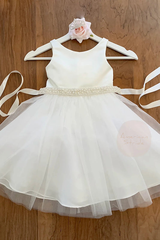 Off white pearl satin flower girl sash belt.
