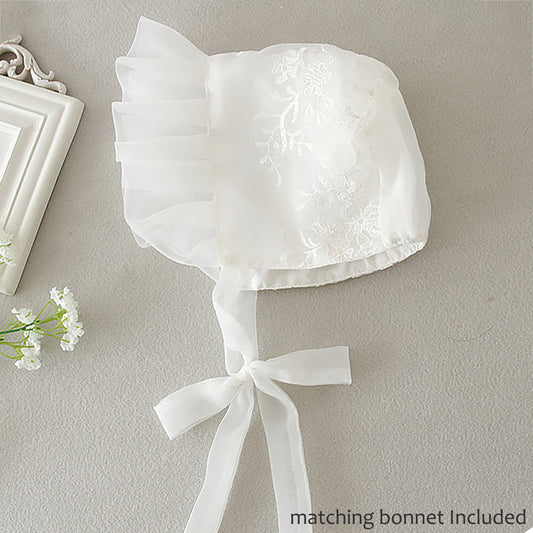 Baby White Lace Dress with Bonnet Hat | Baby Special Occasion Baptism Christening dress bonnet detail