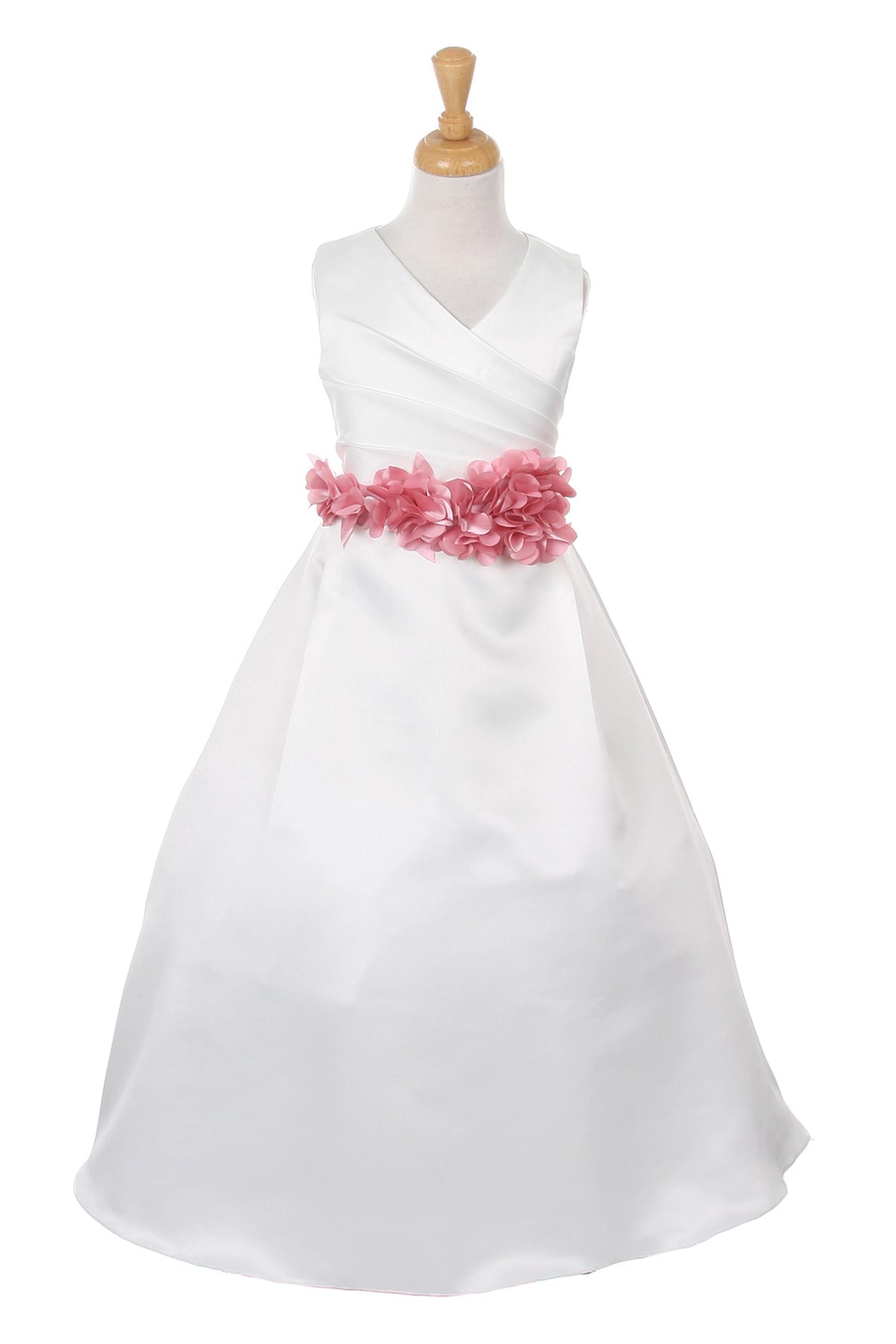 Ivory flower girl dress features crossed V neckline and rose floral sash.