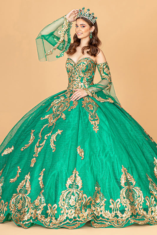Quinceañera | Emerald Green Sequin Embellished Glitter Mesh Sweet 15 Ball Gown with Detached Mesh Sleeves | Plus Size Available | Nina dress | 4 Colors Available front view