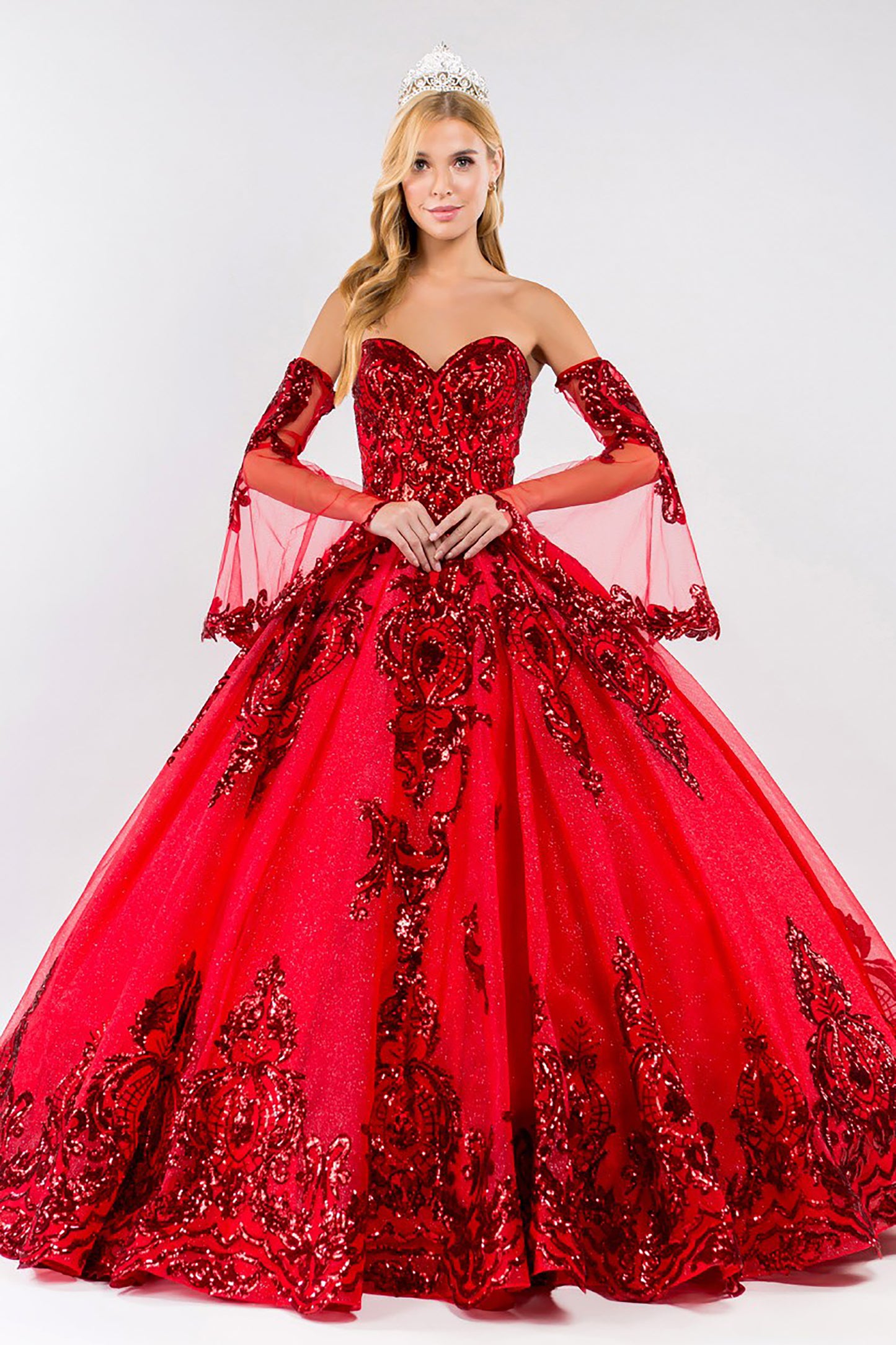Quinceañera | Red Sequin Embellished Glitter Mesh Sweet 15 Ball Gown with Detached Mesh Sleeves | Plus Size Available | Nina dress | 4 Colors Available front view