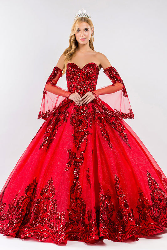 Quinceañera | Red Sequin Embellished Glitter Mesh Sweet 15 Ball Gown with Detached Mesh Sleeves | Plus Size Available | Nina dress | 4 Colors Available front view