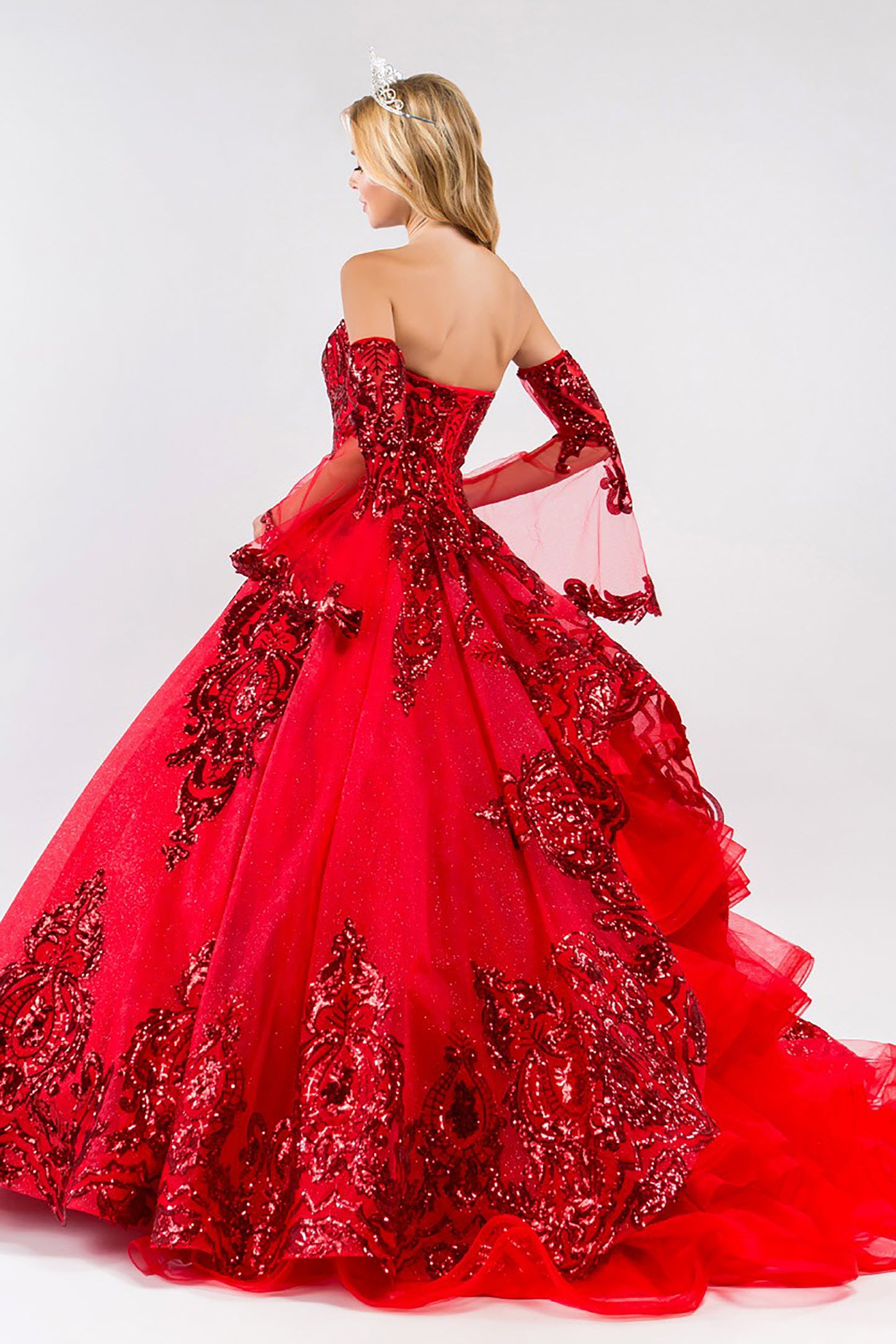 Quinceañera | Red Sequin Embellished Glitter Mesh Sweet 15 Ball Gown with Detached Mesh Sleeves | Plus Size Available | Nina dress | 4 Colors Available side view