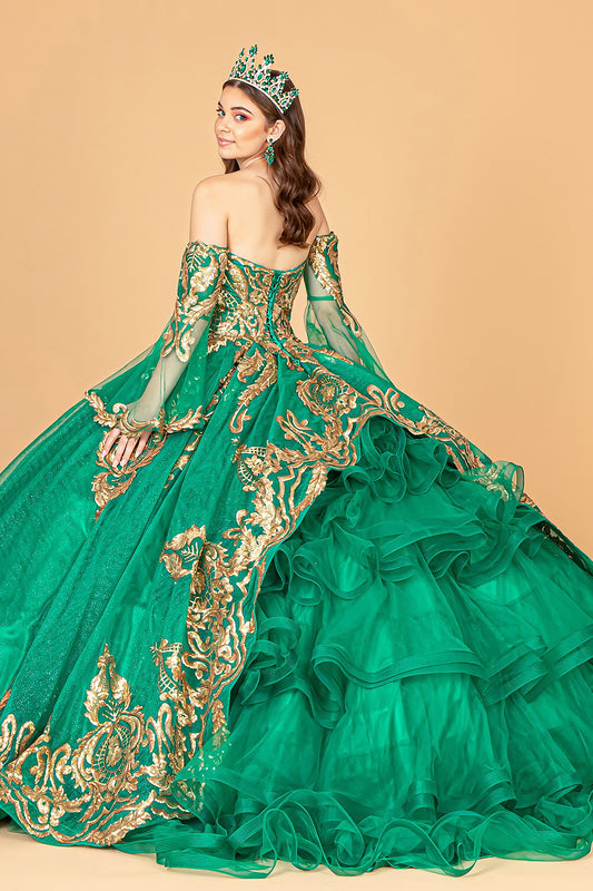 Quinceañera | Emerald Green Sequin Embellished Glitter Mesh Sweet 15 Ball Gown with Detached Mesh Sleeves | Plus Size Available | Nina dress | 4 Colors Available whole back view