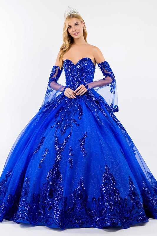 Quinceañera | Royal Blue Sequin Embellished Glitter Mesh Sweet 15 Ball Gown with Detached Mesh Sleeves | Plus Size Available | Nina dress | 4 Colors Available front view