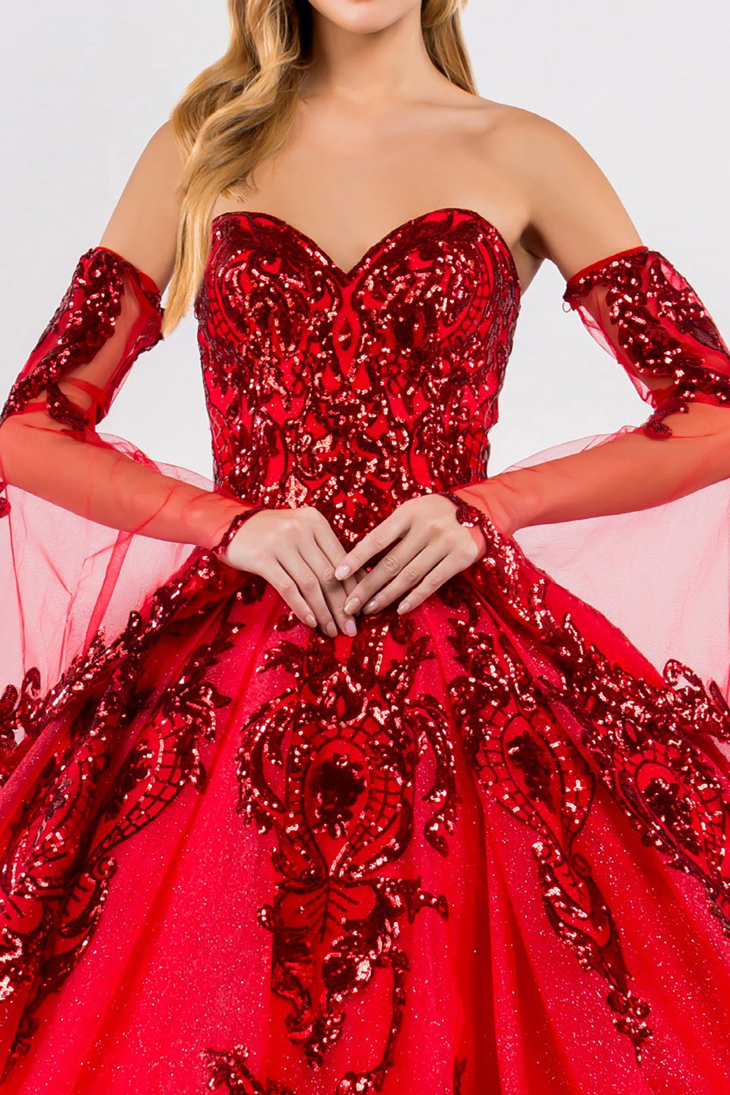 Quinceañera | Red Sequin Embellished Glitter Mesh Sweet 15 Ball Gown with Detached Mesh Sleeves | Plus Size Available | Nina dress | 4 Colors Available front zoom