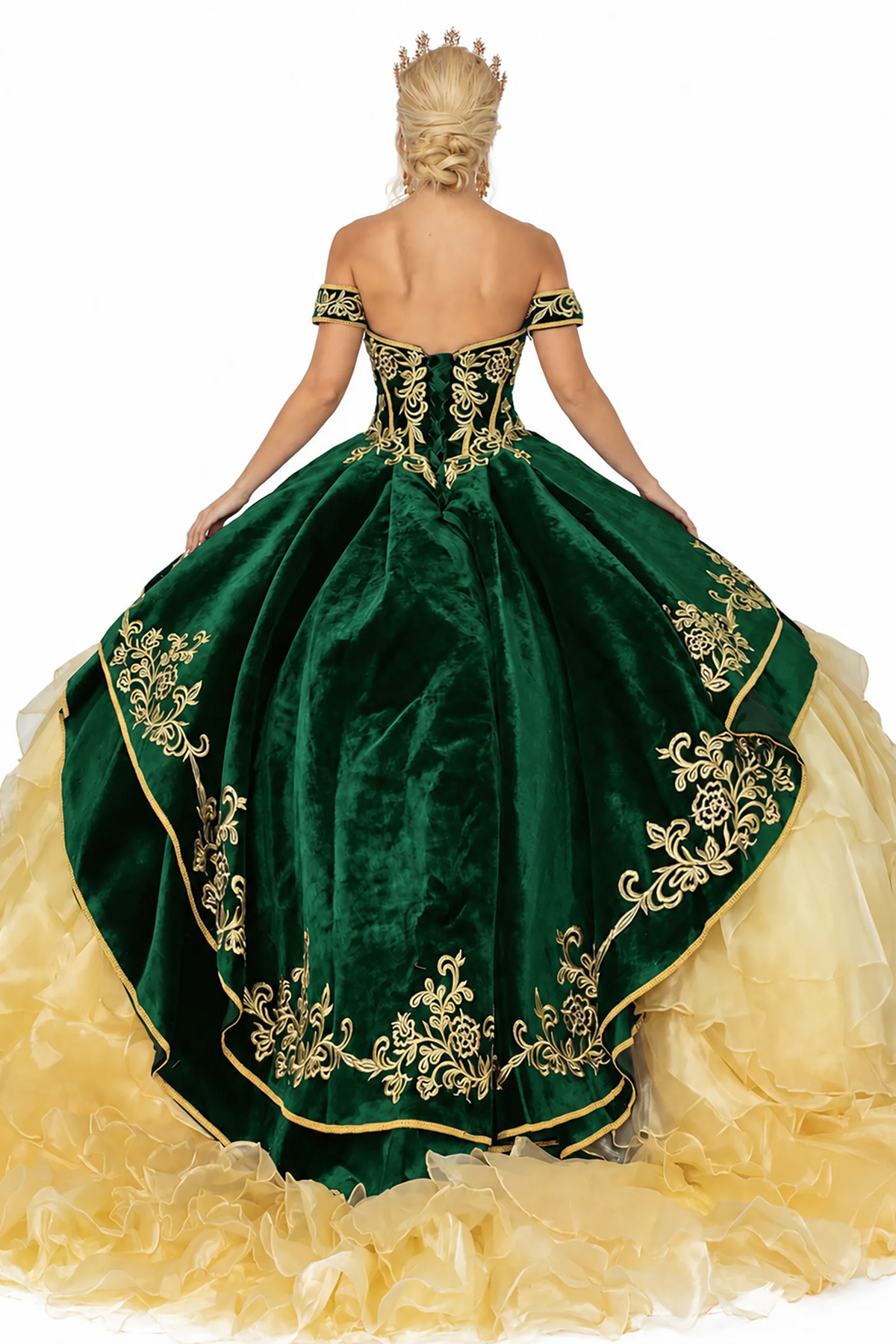 Hunter Green gold embroidered quinceanera dress, back view with lace-up closure