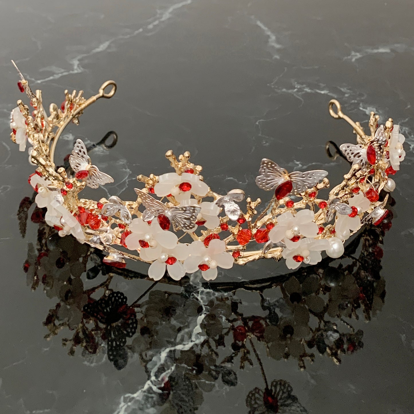 Red gold butterfly floral quinceañera tiara, front view.