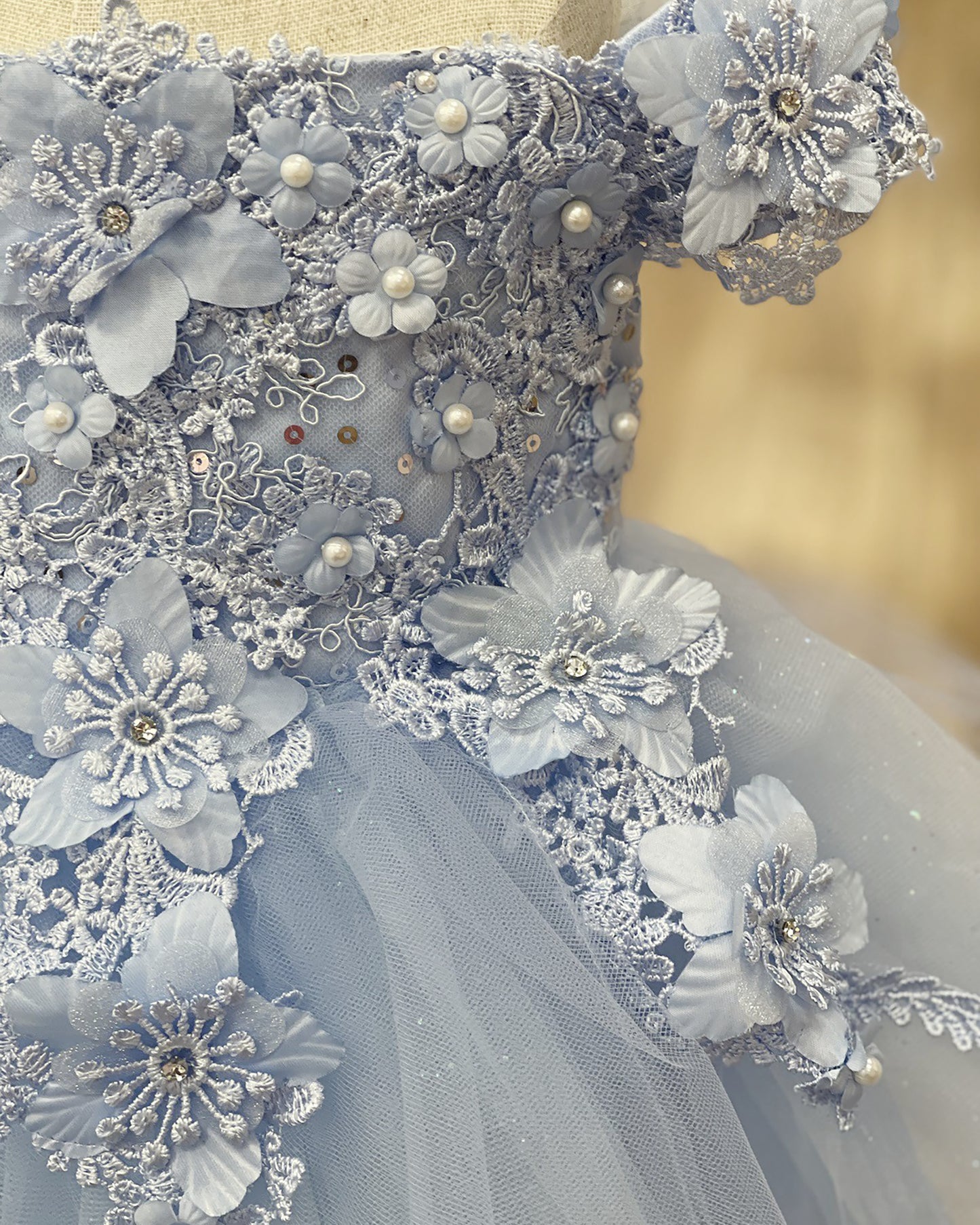 Close-up of a Light Blue lace dress with floral embellishments and pearls.