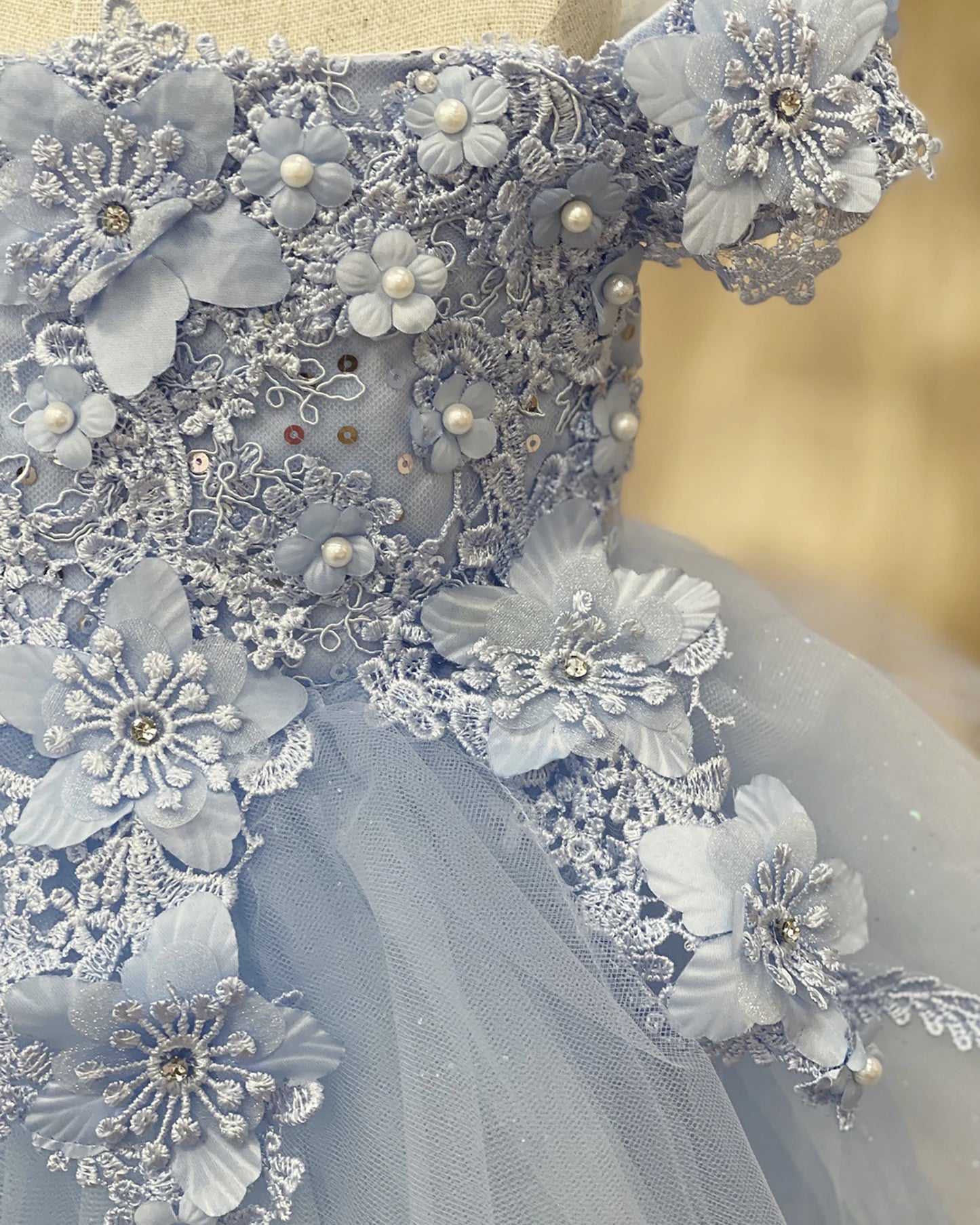 Close-up of a Light Blue lace dress with floral embellishments and pearls.