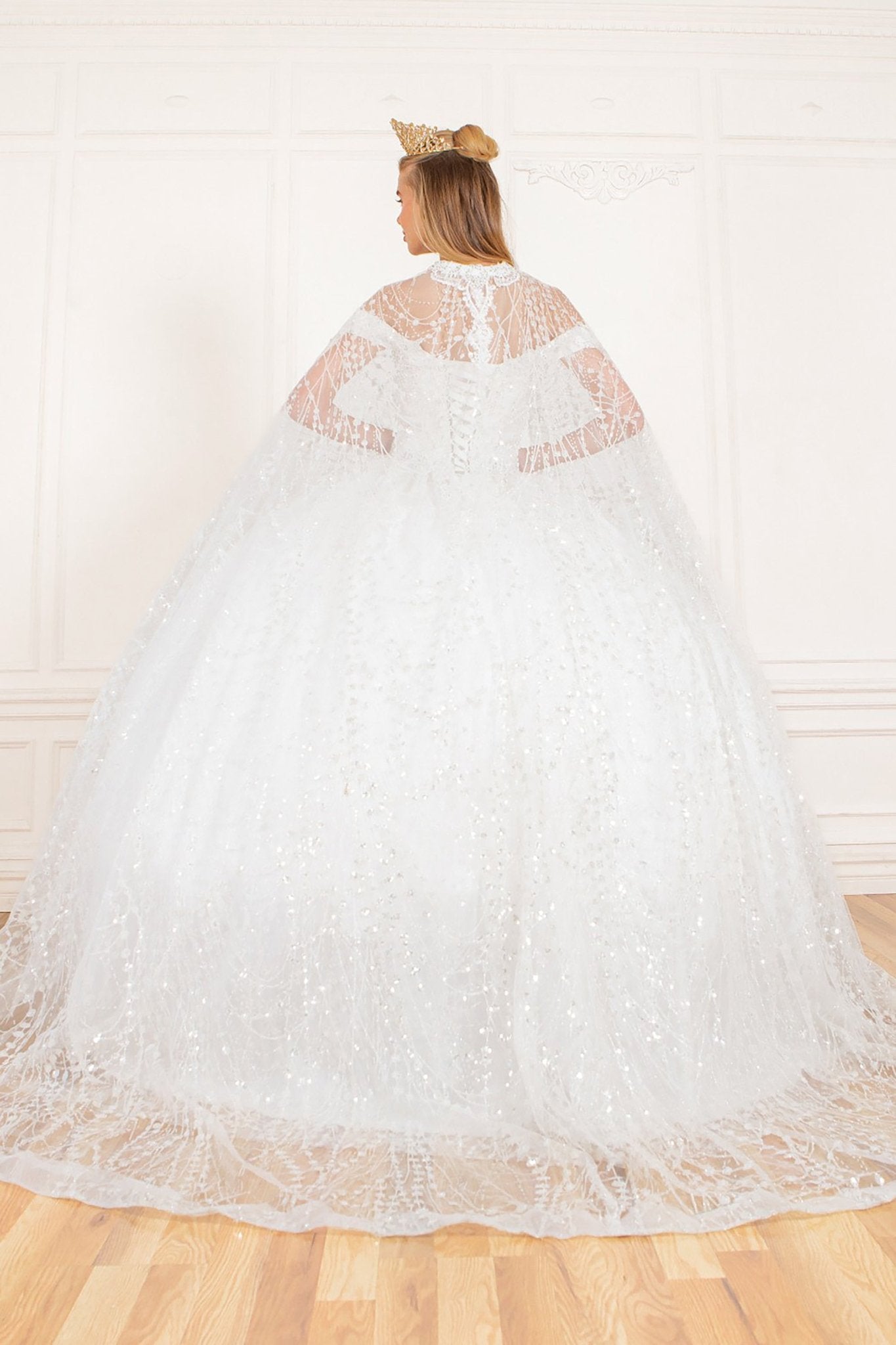 Quinceanera | White Rhinestone and Glittered Lace Off-Shoulder Spaghetti Back with Matching Cape Sweet 15 Ballgown | Antonella dress | 3 Colors Available back
