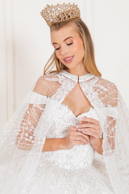 Quinceanera | White Rhinestone and Glittered Lace Off-Shoulder Spaghetti Back with Matching Cape Sweet 15 Ballgown | Antonella dress | 3 Colors Available front zoom