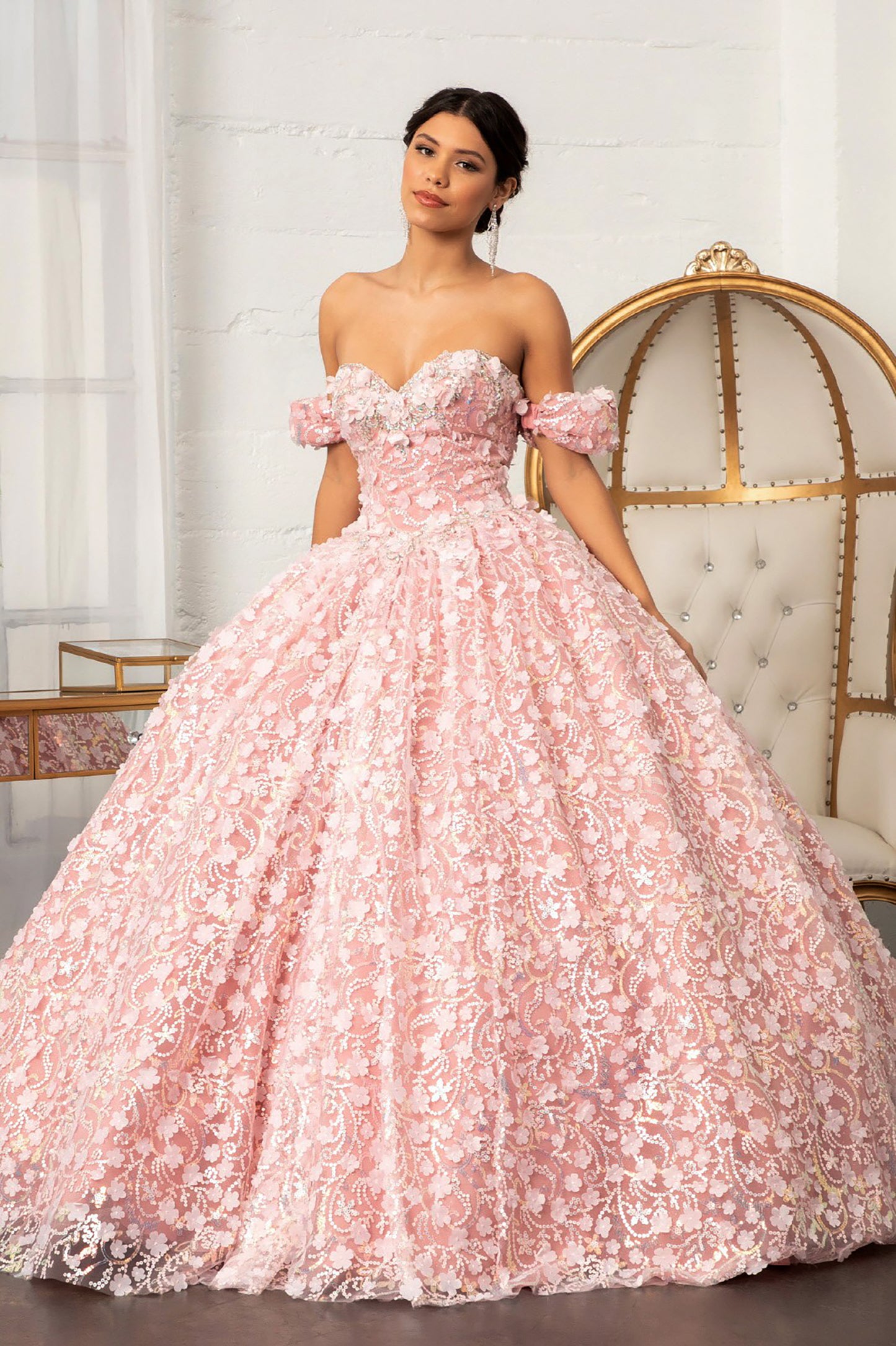 Quinceañera | Dusty Rose 3D Appliqué Jewel Embellished Mesh Ball Gown | Rita dress front view with earring