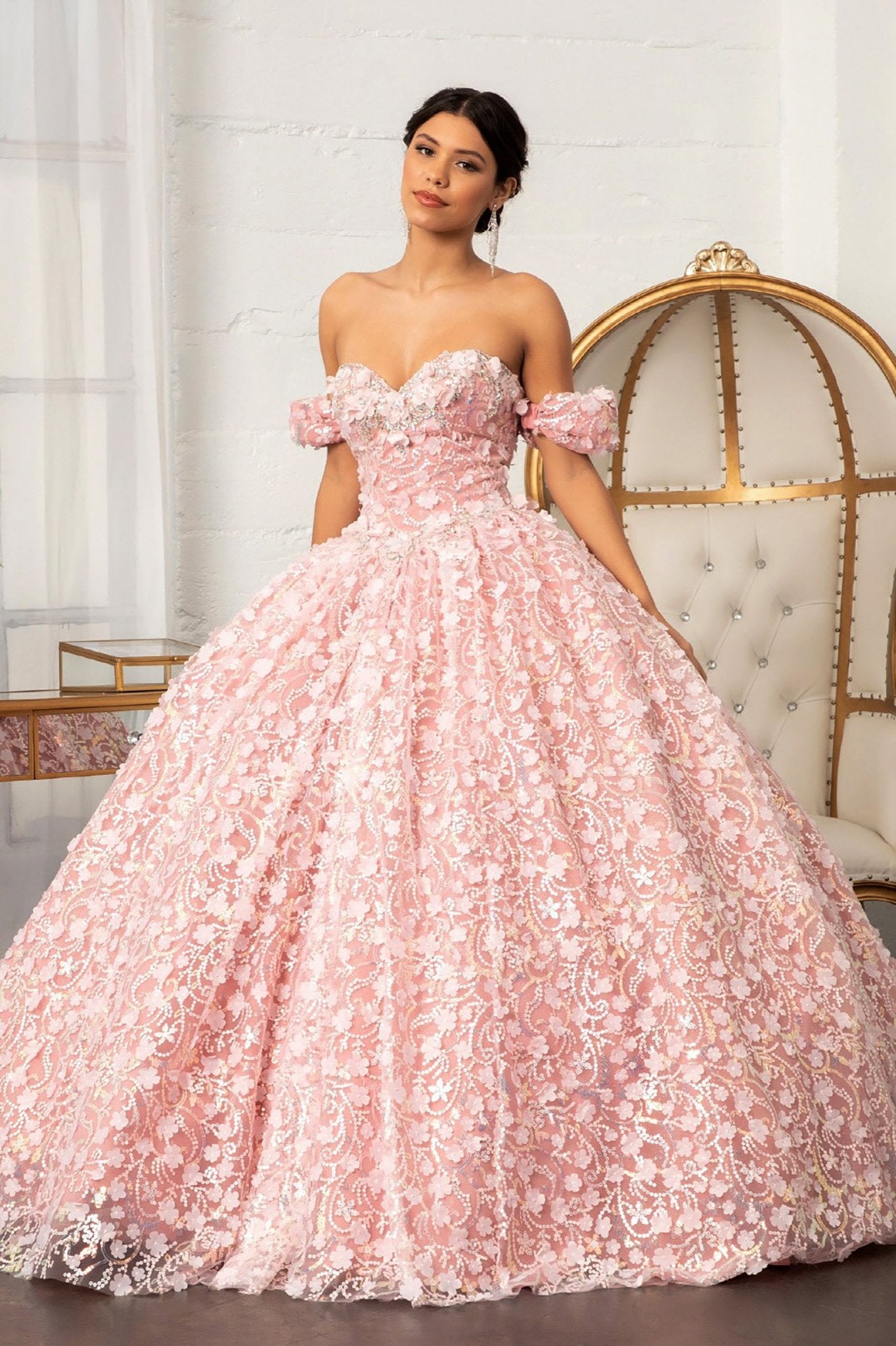 Quinceañera | Dusty Rose 3D Appliqué Jewel Embellished Mesh Ball Gown | Rita dress front view with earring