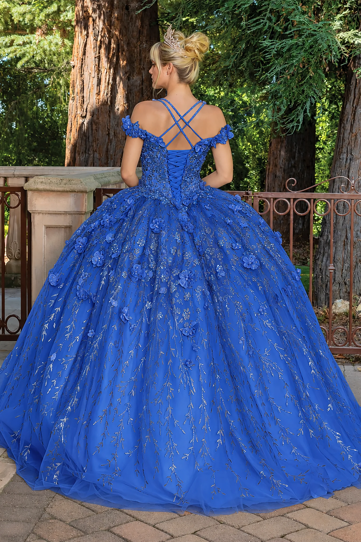 Royal Blue floral appliqué quinceanera dress, back view with lace-up closure