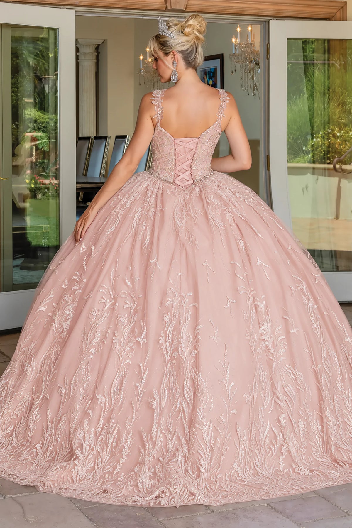 Rose Gold embroidered overlay quinceanera dress, back view with lace-up closure