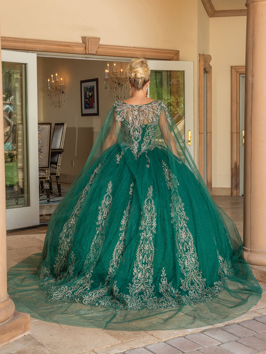Hunter Green Regal Embroidered Bodice Ballgown with Sheer Sleeves and Majestic Tiara Dress - back view of woman wearing dress