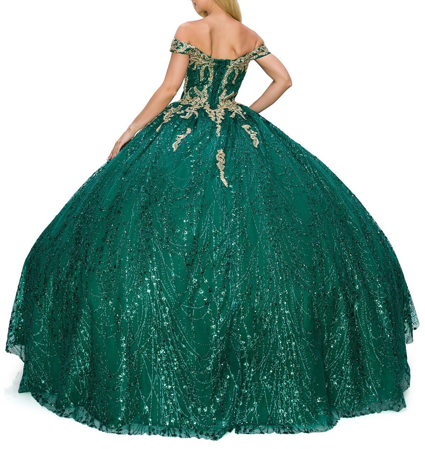 Hunter Green Quinceanera | Strapless Sweetheart Neckline and Lace-up Glittering Corset Quince ballgown - back view of woman wearing dress