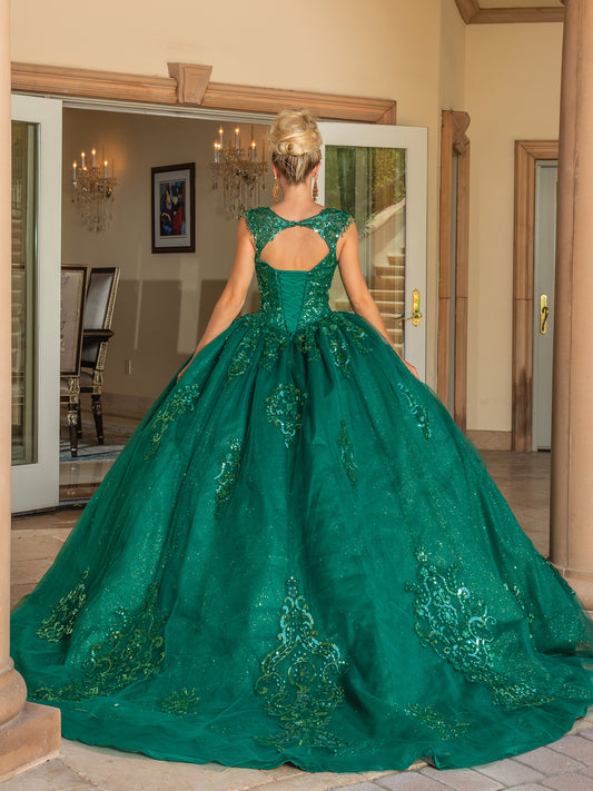 Hunter Green Beaded Lace Bodice Keyhole Back Ballgown with Full Tulle Skirt Quince dress - back view of woman wearing dress