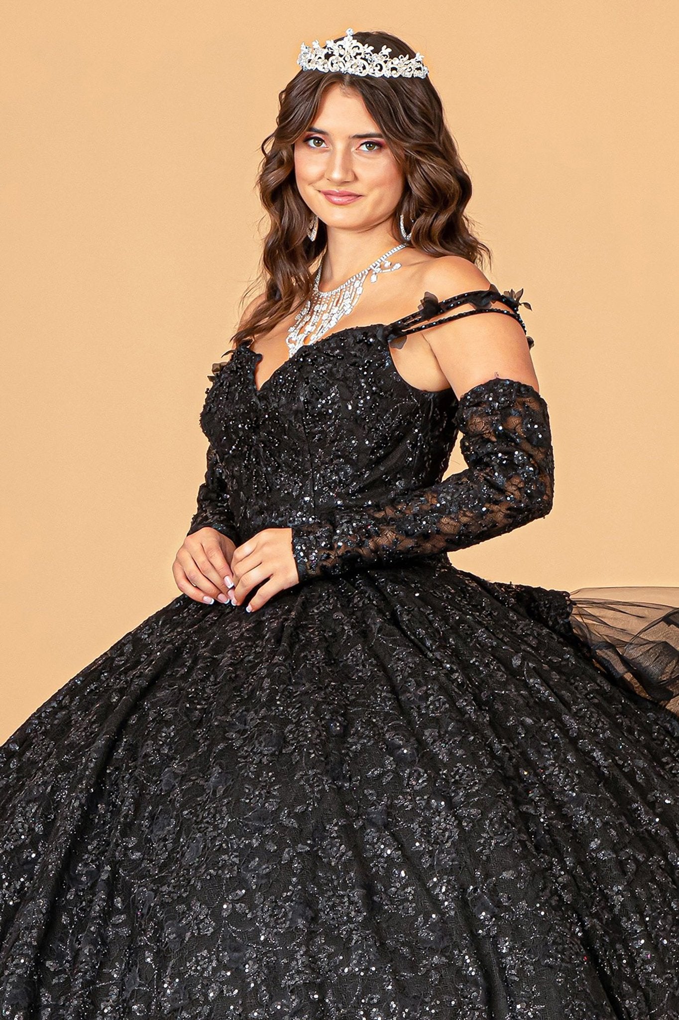 Front Close-Up of Black Mesh Quince Dress Highlighting Detachable Sleeves and Ribbon/Ruffled Train