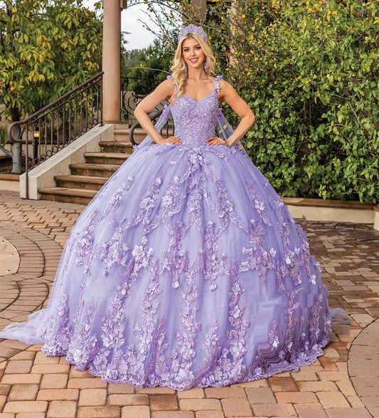 Quinceanera | Lilac Sweetheart Neckline Quince Ball Gown with Sheer Sleeves | Vidonia dress front