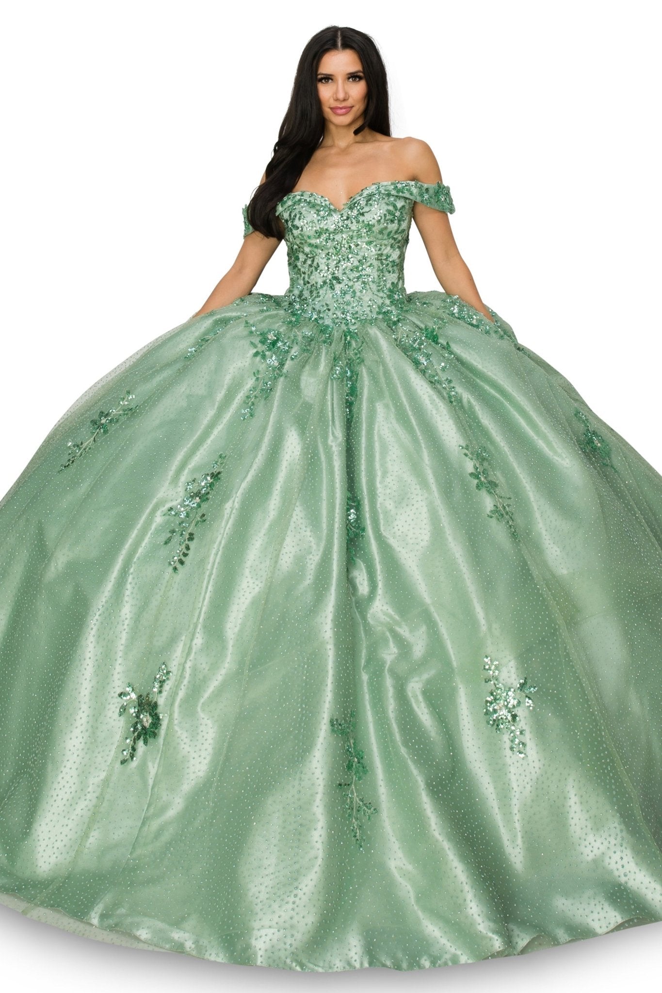 Quinceanera | Sage Off-Shoulder Sweetheart Embossed Tulle Satin Train Gown with Two-Tone Sequin Flower Appliqué | Gabriela dress | 2 Colors Available front view