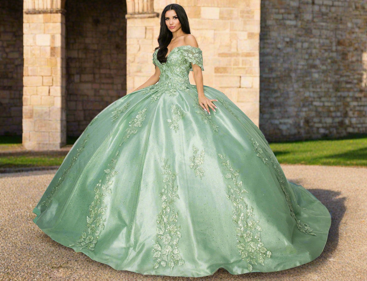 Sage Quinceanera | 3D Floral Sequin Applique Glitter Lace Train Quinceneara ball gown - front view of woman wearing dress looking into the camera