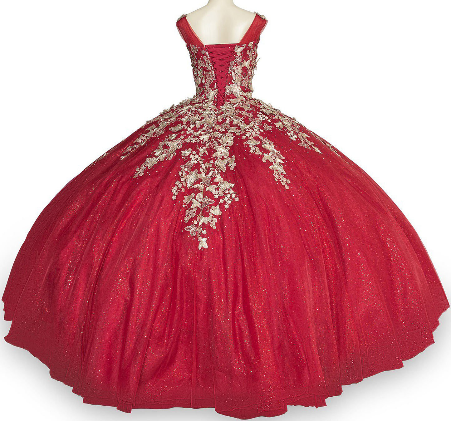 Quinceanera | Burgundy Metallic Embroidered 3D Butterfly on Glitter Tulle Sweet 15 Ball Gown | Natalia dress | 3 Colors back