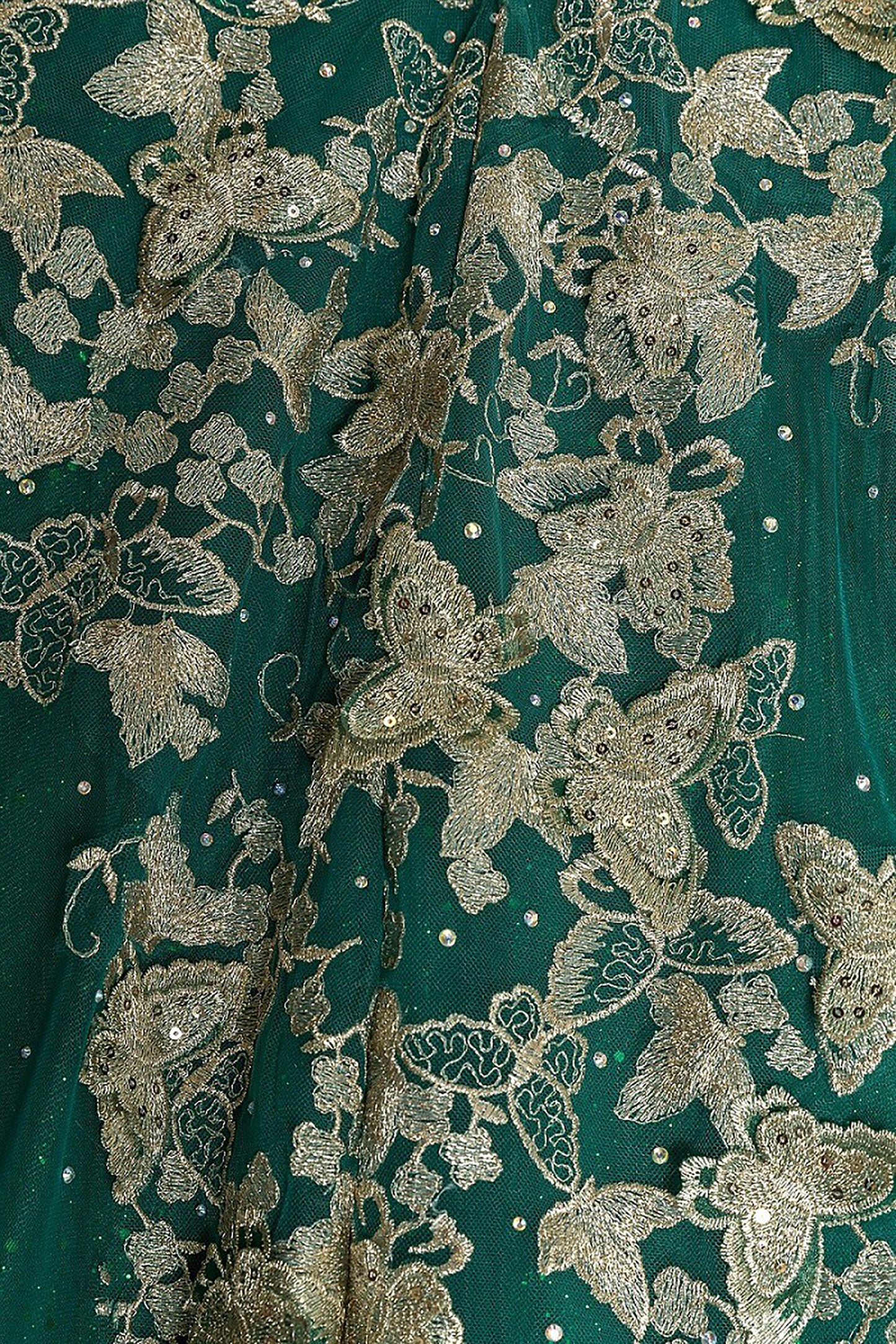Quinceanera | Hunter Green Metallic Embroidered 3D Butterfly on Glitter Tulle Sweet 15 Ball Gown | Natalia dress | 3 Colors tulle detail