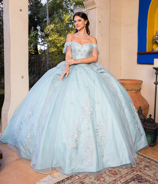 Quinceanera | Aqua Blue Off-shoulder Beaded, Embroidered Glitter Lace Tulle Long Train Ballgown | Romina dress | 2 Colors Available front