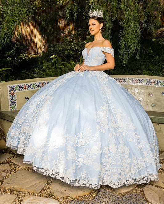 Quinceanera | Floral Blue White 3D Effect Glitter Off-Shoulder Tulle Sweet 15 Ball Gown | Aitana dress | 2 Colors Available side