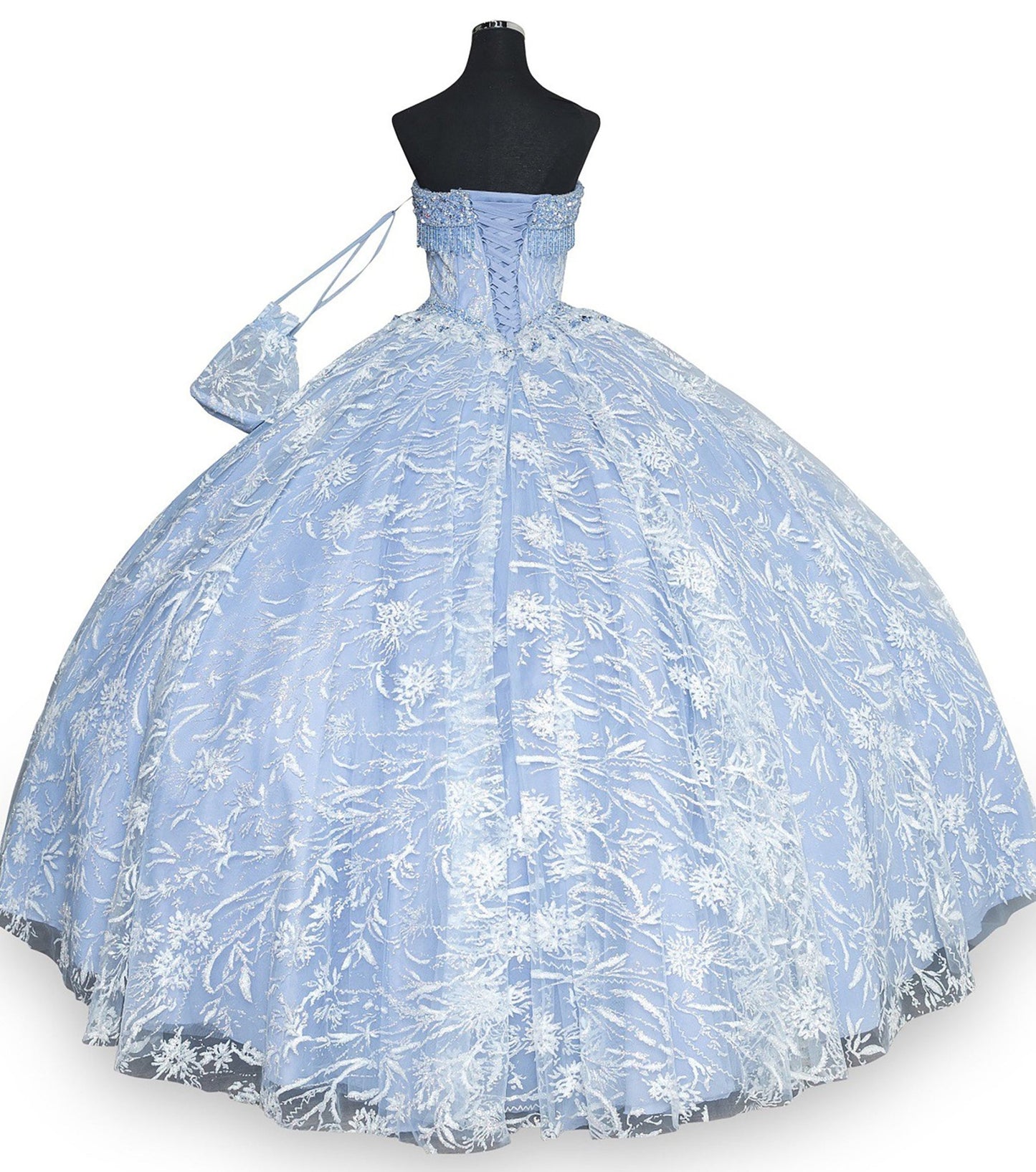 Quinceanera | Dusty Blue Off-Shoulder Rhinestone Beaded Appliqué Glitter Tulle Gown | Juana Dress | 2 Colors Available back