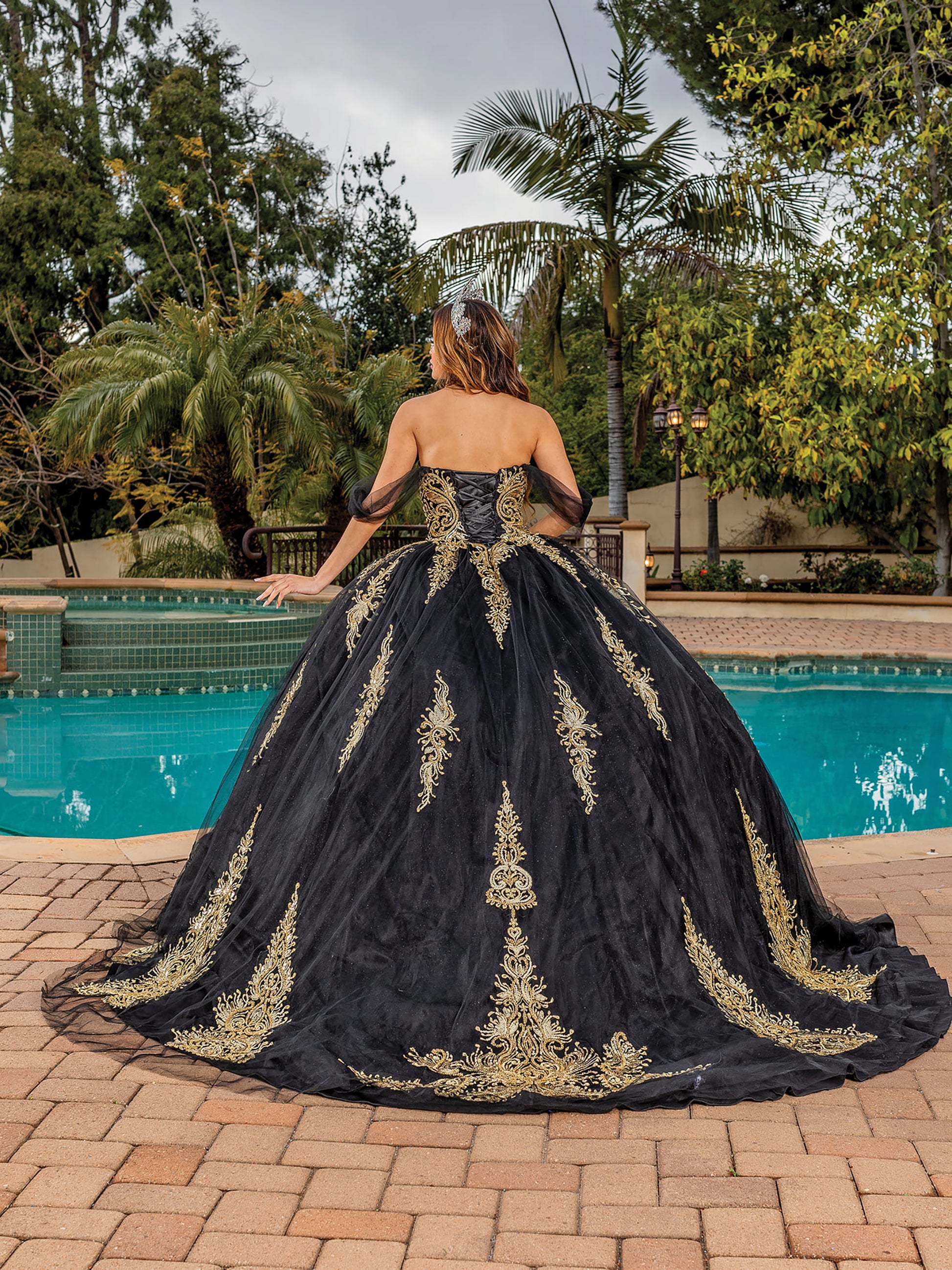 Black Gold Embroidered Bodice with Sheer Long Sleeves Quince Ballgown Dress - back view of woman wearing dress and a crown