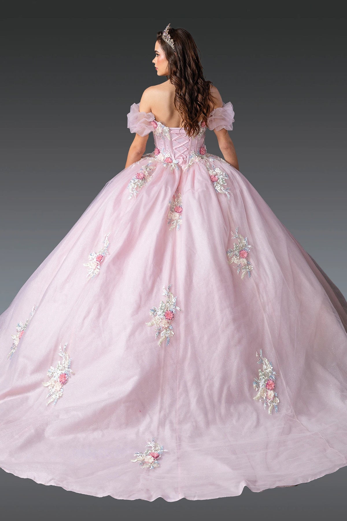 Full-skirt back view of a Blush quinceañera gown showing lace-up back and floral appliqués