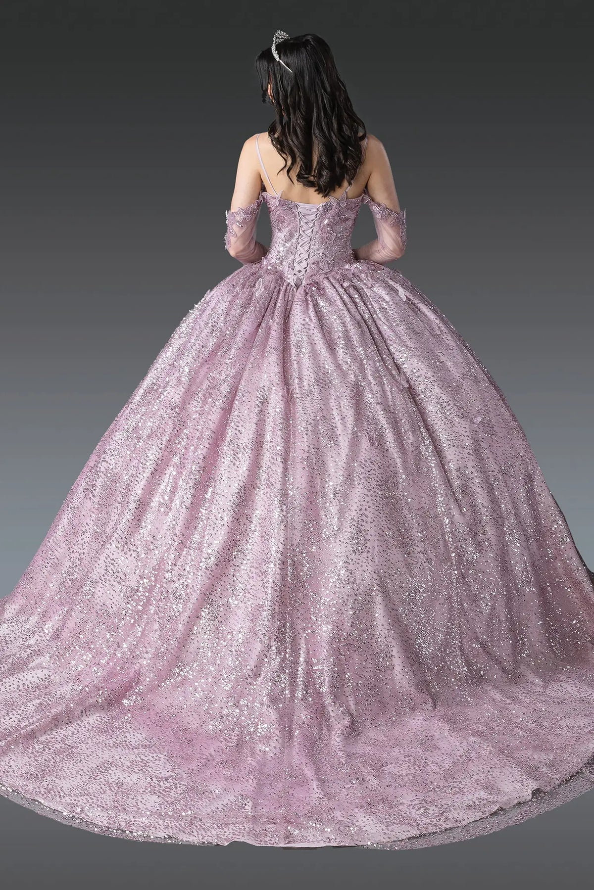 Back view of a Dusty Rose quinceañera gown showing lace-up back and full ball-gown skirt