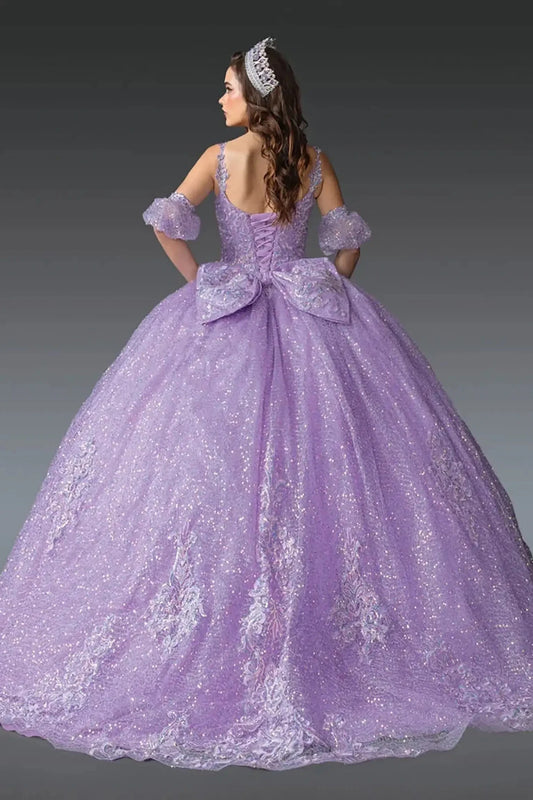 Back: Lilac quinceañera ball gown back view featuring lace-up corset and oversized decorative bow